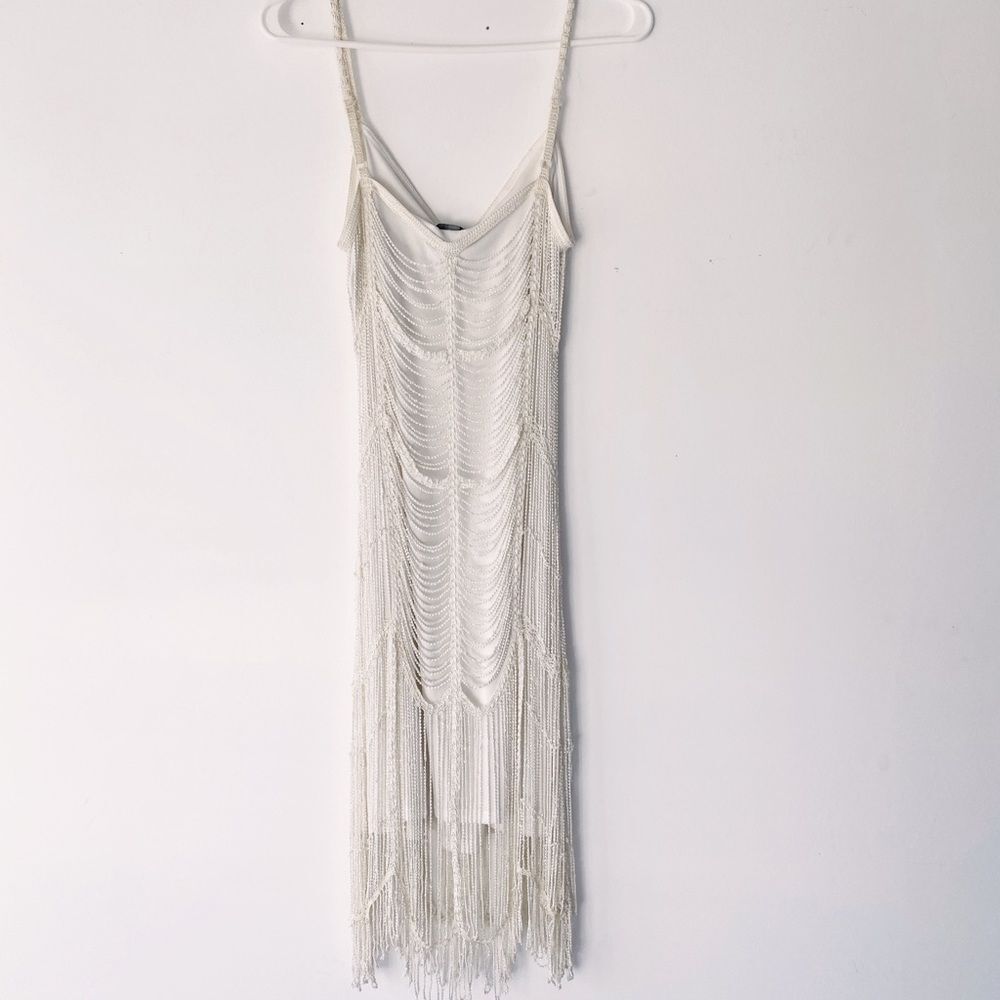 Marina Vintage Beaded Gatsby Style Fringe Dress Size Medium Slightly Off White - Picture 11 of 11